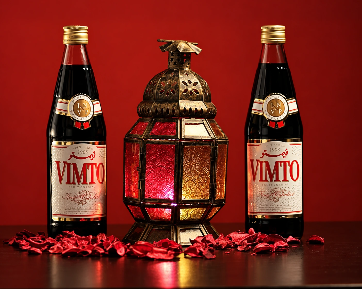 Bouteilles en verre de sirop Vimto autour d’une lanterne.