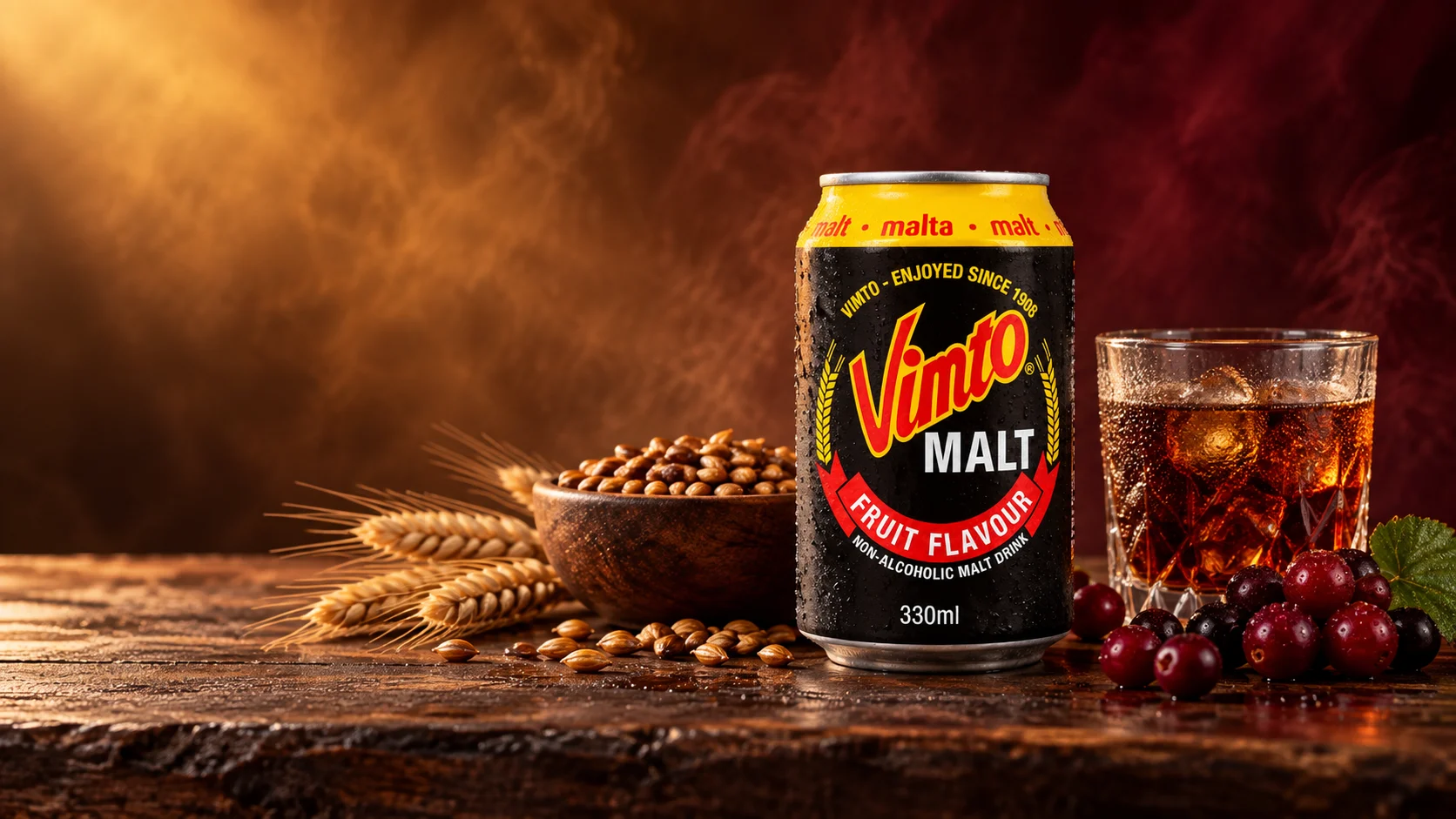 Canette Vimto Malt, verre ambré, baies rouges et céréales sur une table en bois sombre.