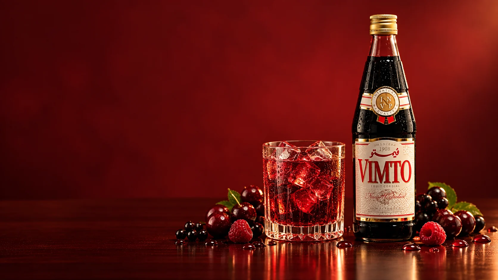 Bouteille de sirop Vimto et verre de boisson rouge avec glaçons sur une table en bois.