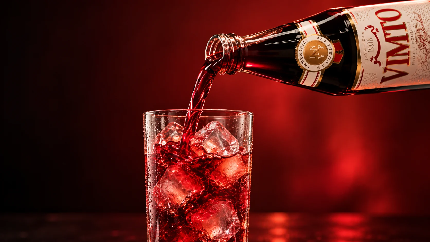 Bouteille de sirop Vimto versant une boisson rouge dans un grand verre rempli de glaçons.