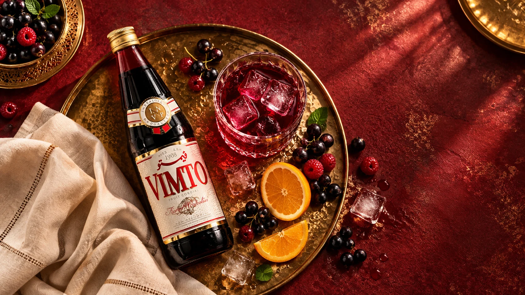 Vue de dessus d'une bouteille de sirop Vimto, d'un verre servi et de fruits sur un plateau.