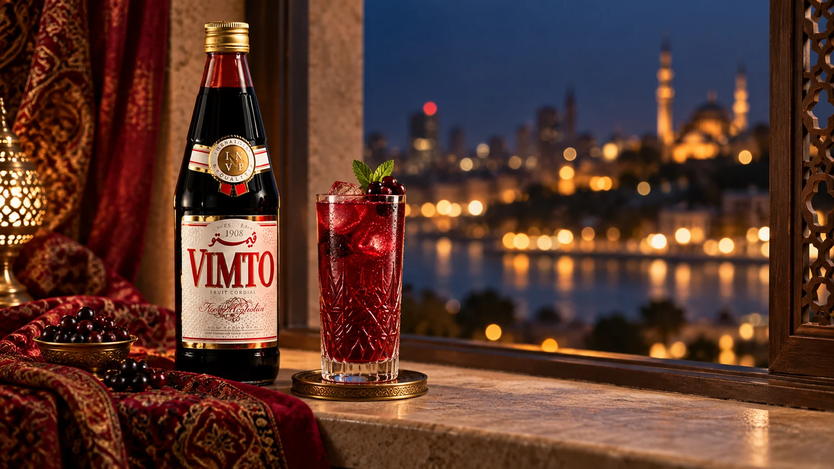 Bouteille de sirop Vimto et grand verre rouge sur un rebord de fenêtre le soir.