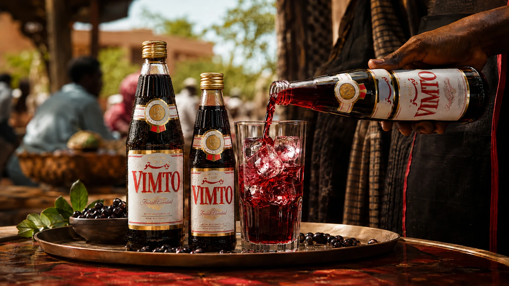 Bouteille de sirop Vimto, pichet et verres servis très frais.