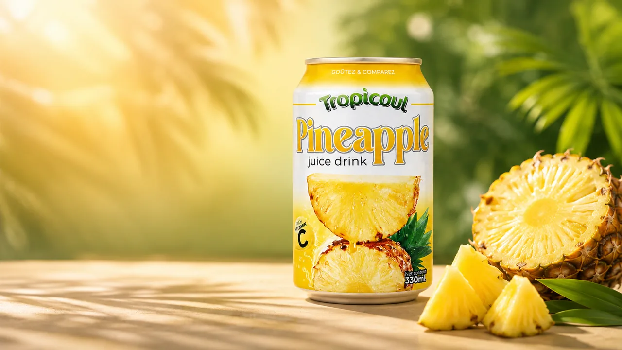 Canette Tropicoul Ananas 330 ml dans un décor jaune et vert aux reliefs tropicaux.