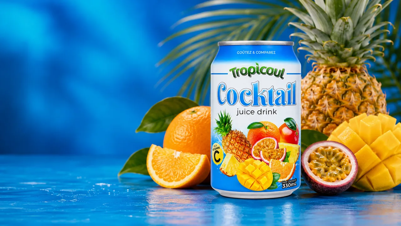 Canette Tropicoul Cocktail 330 ml dans un décor abstrait bleu aux éclats lumineux.