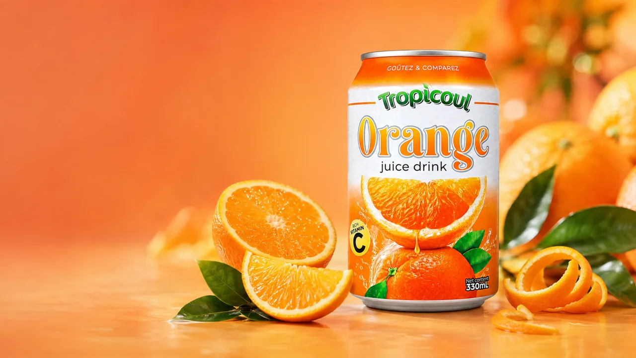 Canette Tropicoul Orange 330 ml entourée de formes circulaires orange et bleu cobalt.