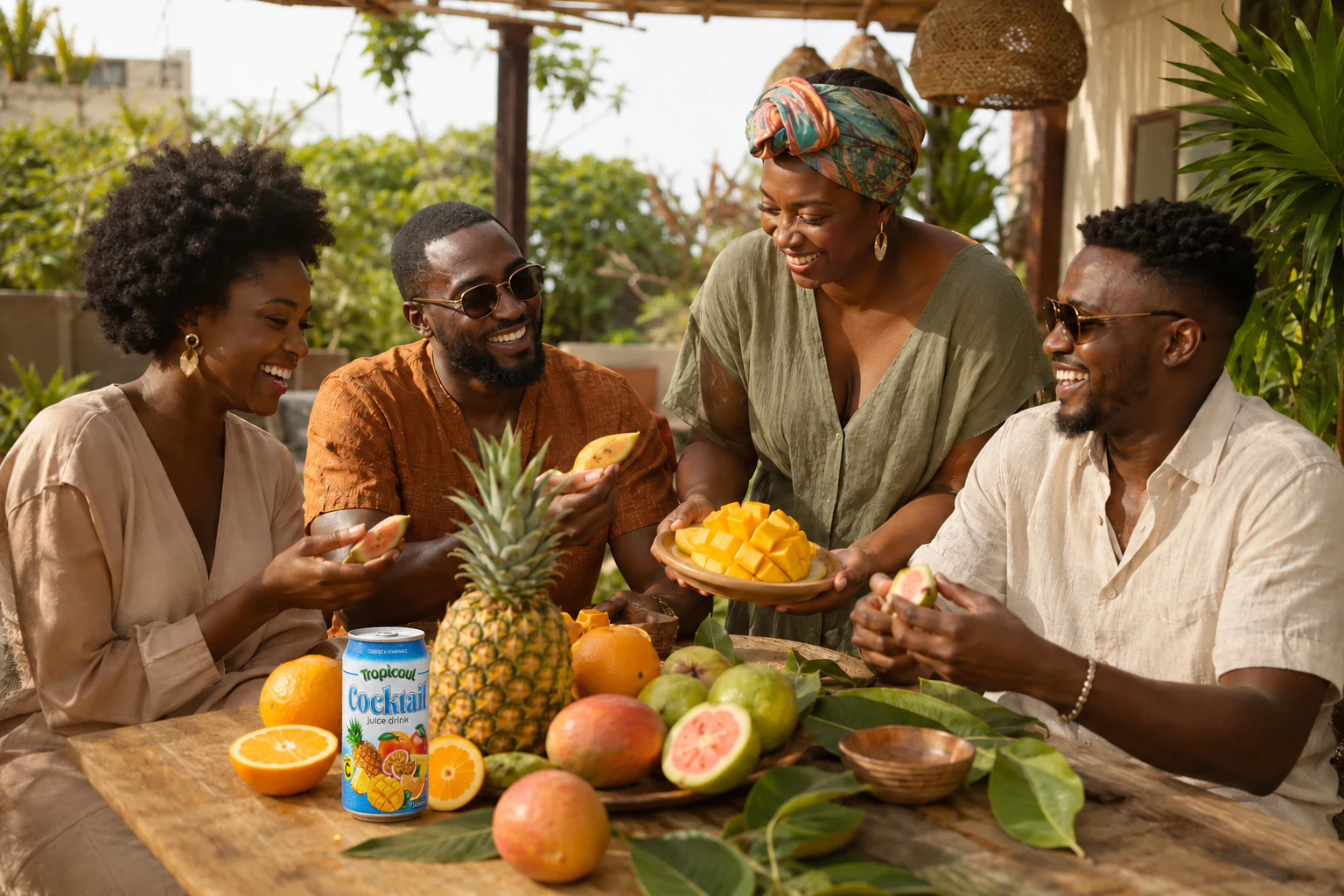 Canette Tropicoul Cocktail 330 ml intégrée à une scène contemporaine bleu profond.