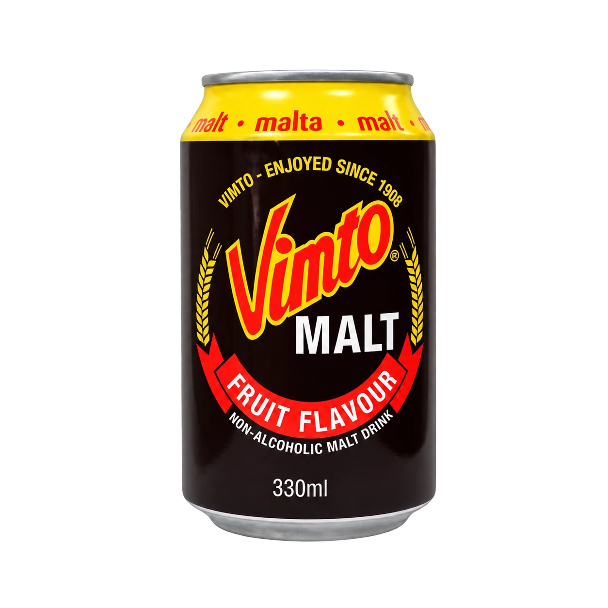 Canette noire Vimto Malt 330 ml, vue de face.